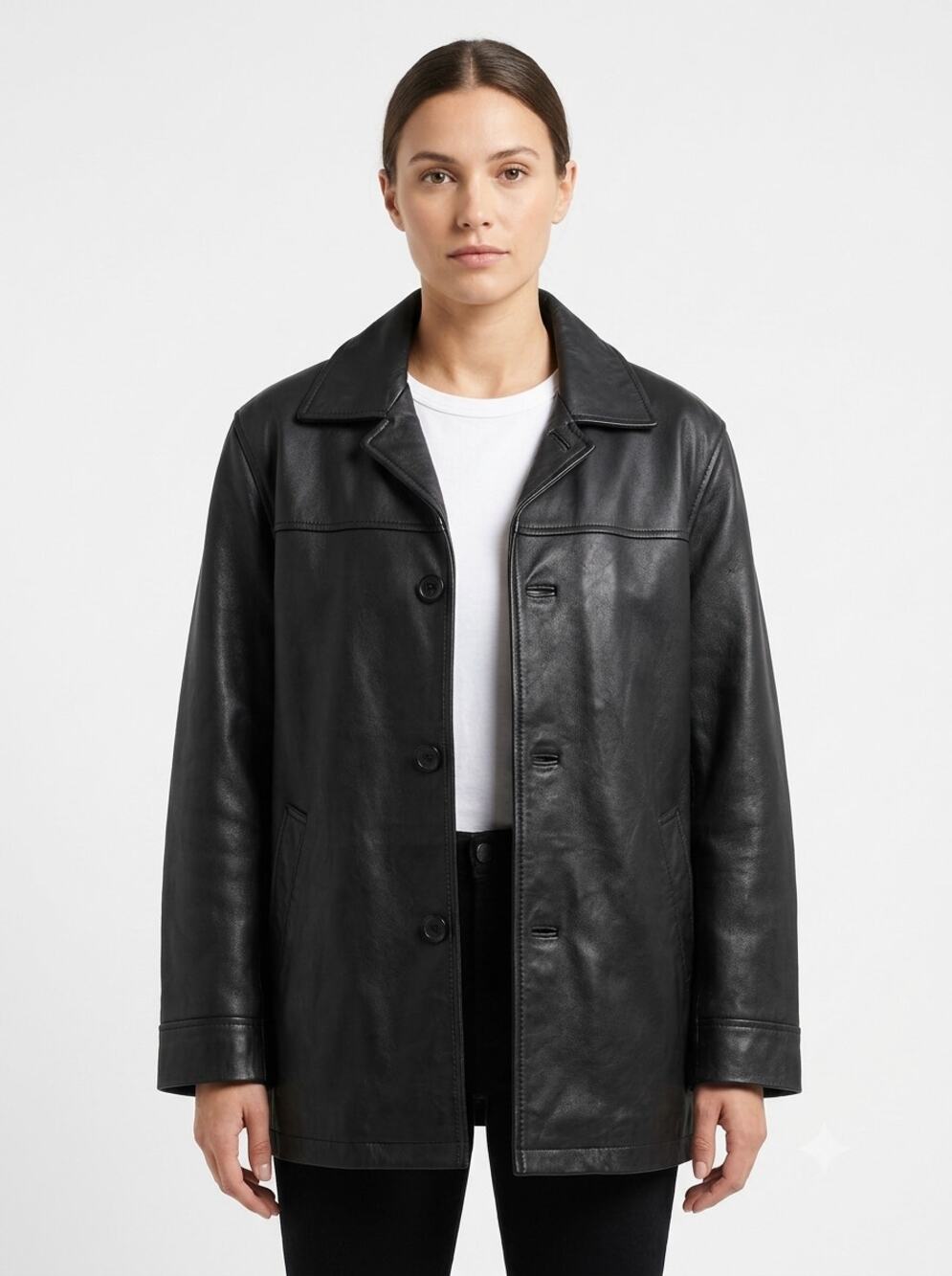 VTG GAP Car Coat Jacket Mens M Black Genuine Leather Quilted Padded Button Front